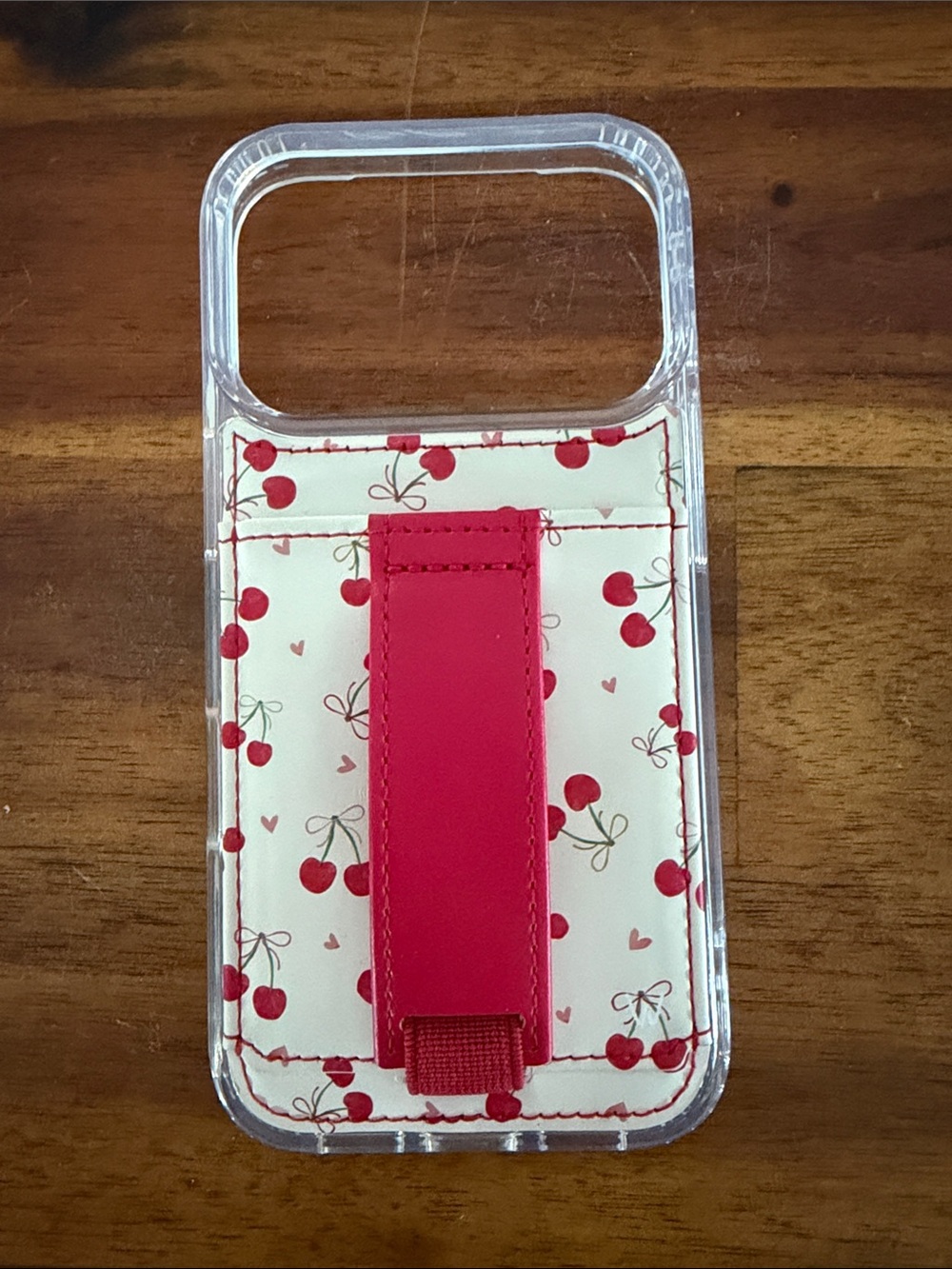 Clear Phone Case with Red Cherry Card Pocket and Strap